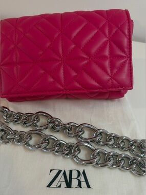 ZARA Hot Pink Quilted Chain Shoulder Bag NWOT w/ Dust Bag Small